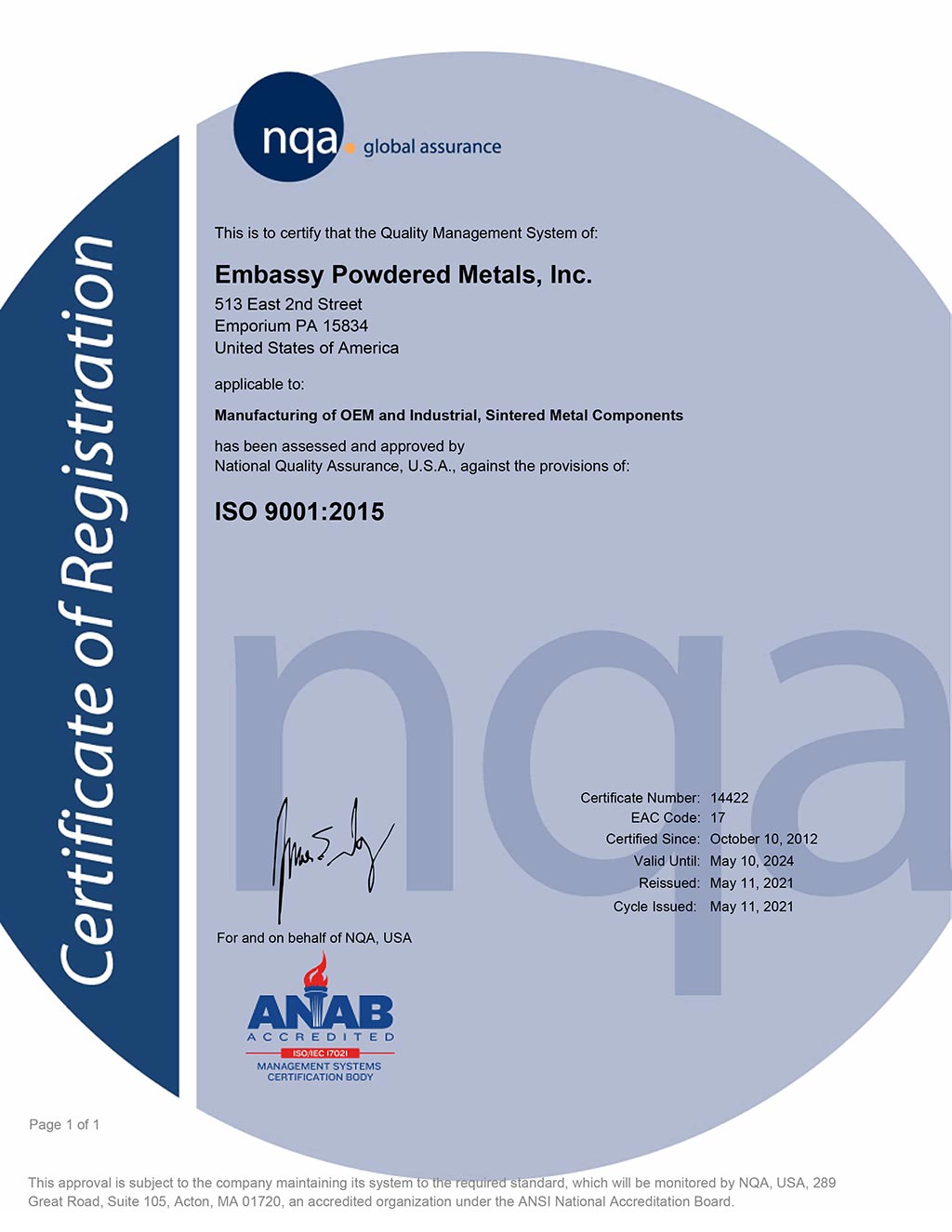 ISO 9001:2015 Certificate for Embassy Powdered Metals